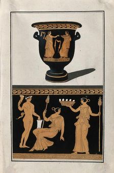 Above, red-figured Greek wine bowl (bell-krater); below, detail of decoration showing a..., 1760-9. Creator: Augustin Dahlsteen