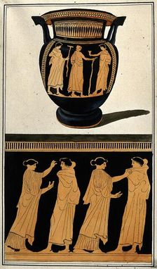 Above, red-figured Greek wine bowl (column krater); below, detail of decoration..., 1760-9. Creator: Augustin Dahlsteen