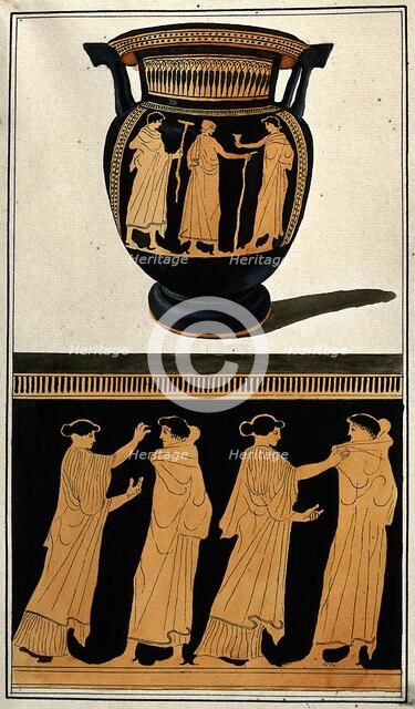 Above, red-figured Greek wine bowl (column krater); below, detail of decoration..., 1760-9. Creator: Augustin Dahlsteen.