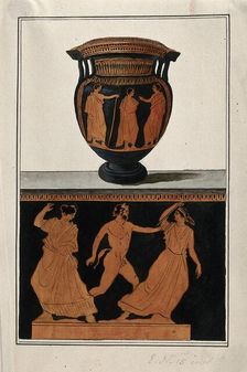 Above, red-figured Greek wine bowl (column krater); below, detail of the decoration.... 1760-9. Creator: Augustin Dahlsteen