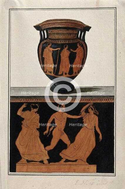 Above, red-figured Greek wine bowl (column krater); below, detail of the decoration.... 1760-9. Creator: Augustin Dahlsteen.