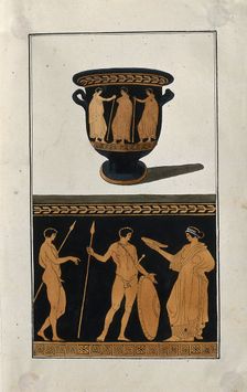 Above, red-figured Greek wine-mixing bowl (bell-krater); below, detail of the decoration..., 1760-9. Creator: Augustin Dahlsteen