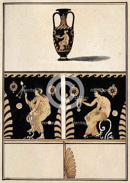 Above, red-figured Greek vessel used for transporting wine (transport amphora)..., 1760-9. Creator: Augustin Dahlsteen.