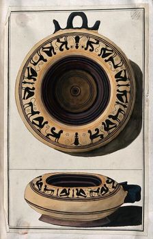 Above, white-ground black-figured Greek vessel decorated with a frieze of stylised..., 1760-9. Creator: Augustin Dahlsteen