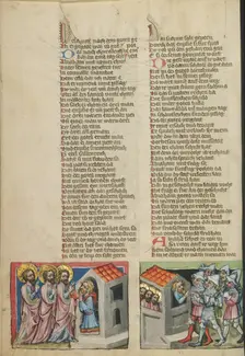 Abraham and the Three Angels: The Sodomites Beating on Lot's House; Weltchronik, about 1400-1410. Creator: Unknown