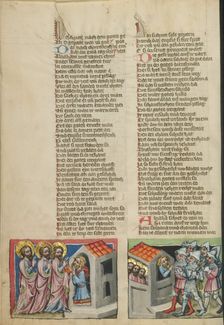 Abraham and the Three Angels: The Sodomites Beating on Lot's House; Weltchronik, about 1400-1410. Creator: Unknown
