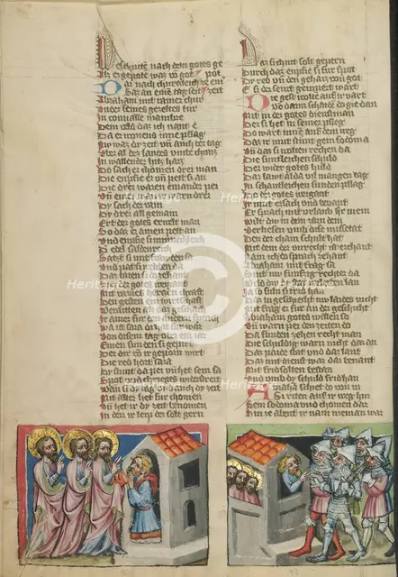 Abraham and the Three Angels: The Sodomites Beating on Lot's House; Weltchronik, about 1400-1410. Creator: Unknown.