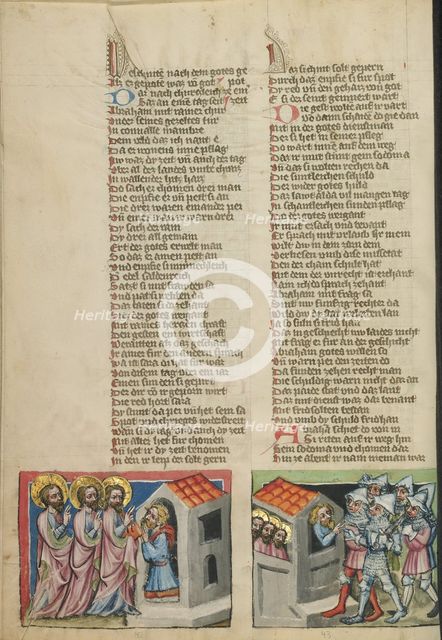 Abraham and the Three Angels: The Sodomites Beating on Lot's House; Weltchronik, about 1400-1410. Creator: Unknown.