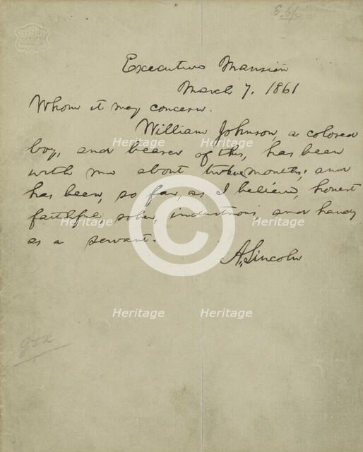 Abraham Lincoln recommendation of William Johnson, a colored boy, 1861-03-07. Creator: Abraham Lincoln.