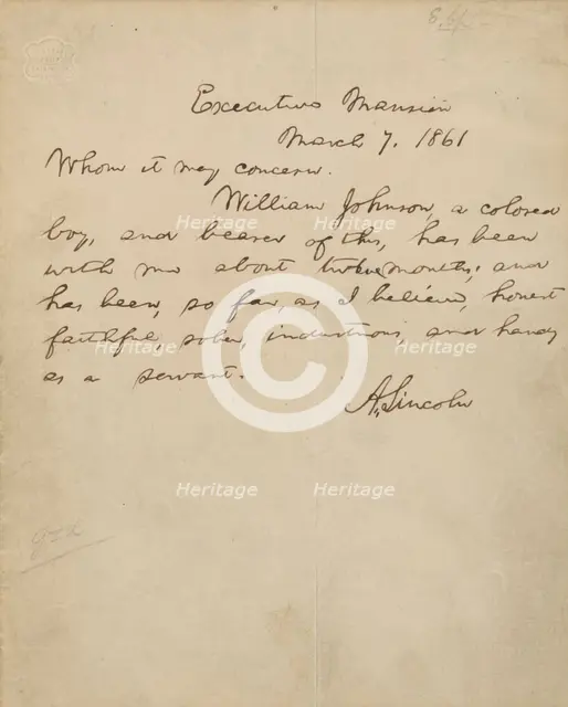 Abraham Lincoln recommendation of William Johnson, a colored boy, 1861-03-07. Creator: Abraham Lincoln.