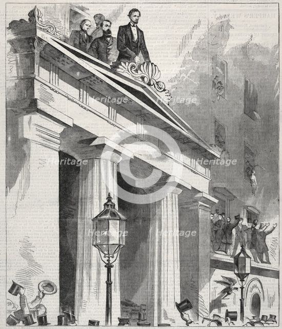 Abraham Lincoln, The President Elect, addressing the People from the Astor House Balcony..., 1861. Creator: Winslow Homer (American, 1836-1910).