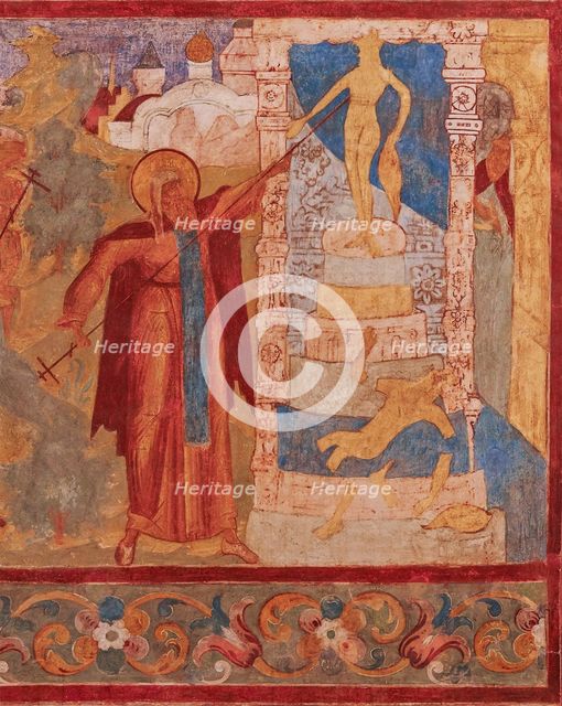Abraham of Rostov destroys the Veles's statue. Fresco of the Church of Saint John The Apostle in Ros