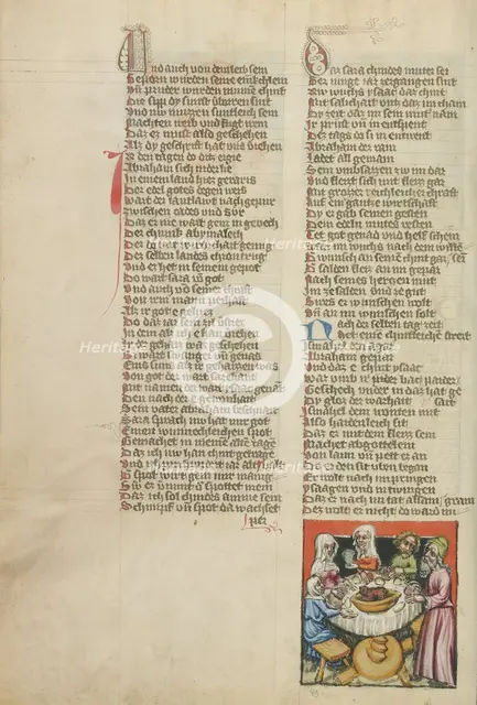 Abraham Organizing a Feast on the Day of Isaac's Weaning; Weltchronik, about 1400-1410. Creator: Unknown.
