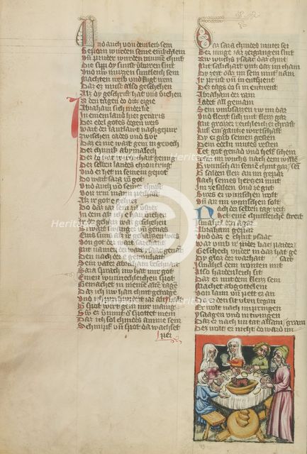 Abraham Organizing a Feast on the Day of Isaac's Weaning; Weltchronik, about 1400-1410. Creator: Unknown.