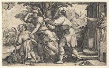 Abraham sending away Hagar and Ishmael: Abraham holds forth a vessel as Hagar and Ishm..., ca. 1543. Creator: Georg Pencz