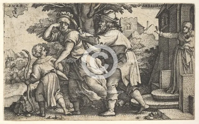 Abraham sending away Hagar and Ishmael: Abraham holds forth a vessel as Hagar and Ishm..., ca. 1543. Creator: Georg Pencz.