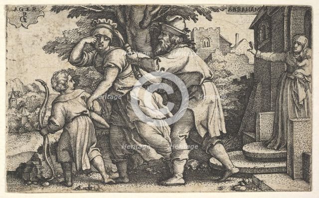 Abraham sending away Hagar and Ishmael: Abraham holds forth a vessel as Hagar and Ishm..., ca. 1543. Creator: Georg Pencz.