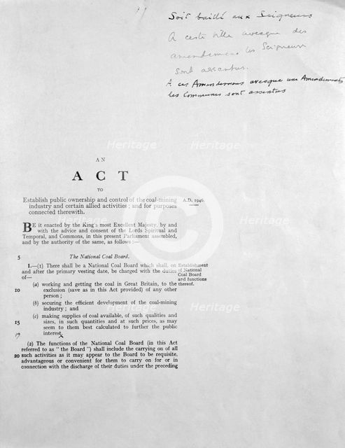 Act for The National Coal Board, 1946. Creator: Unknown.