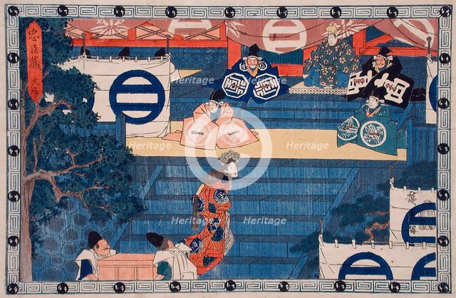 Act I: Lady Kaoyo Mounting the Steps at Hachiman Shrine for the..., between c1835 and c1839. Creator: Ando Hiroshige.