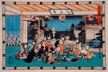 Act VII: Yuranosuke Dining with the Spy Kudayu at Ichiriki Brothel..., between c1835 and c1839. Creator: Ando Hiroshige