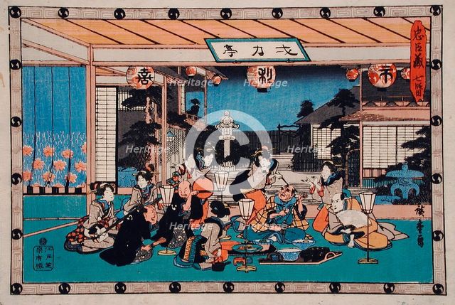 Act VII: Yuranosuke Dining with the Spy Kudayu at Ichiriki Brothel..., between c1835 and c1839. Creator: Ando Hiroshige.