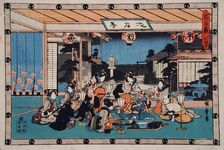 Act VII: Yuranosuke Dining with the Spy Kudayu at Ichiriki Brothel..., between c1835 and c1839. Creator: Ando Hiroshige