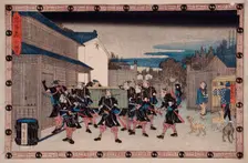 Act X: Ronin Carrying a Basket that Conceals Yuranosuke into Gihei's House, between c1835 and c1839. Creator: Ando Hiroshige