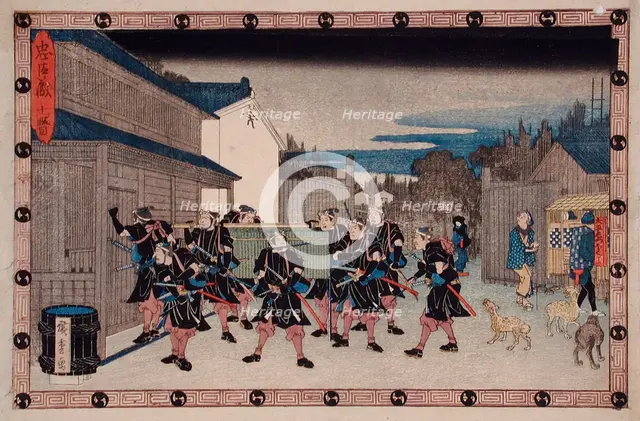 Act X: Ronin Carrying a Basket that Conceals Yuranosuke into Gihei's House, between c1835 and c1839. Creator: Ando Hiroshige.