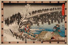 Act XI First Episode: Ronin Crossing a Bridge at Night on the Way to..., between c1835 and c1839. Creator: Ando Hiroshige