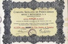Action of 100 pesetas of the Compañía Sevillana de ferrocarriles, minas y metalurgia, S.A., Sevil…