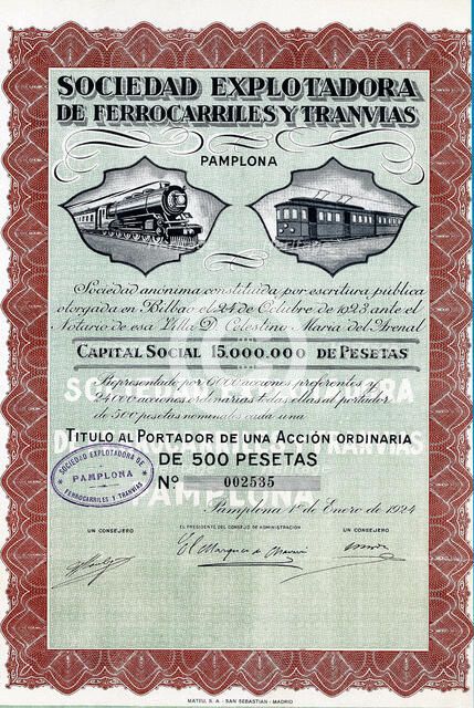 Action of 500 pesetas of Sociedad explotadora de ferrocarriles y tranvías, S.A., (railway company…