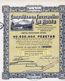 Action of 500 pesetas of the Compañía de los Ferrocarriles de la Robla, S.A., Bilbao, December 15…