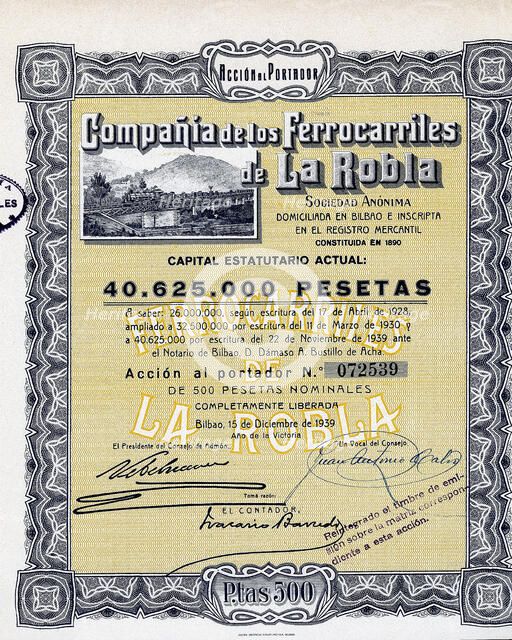 Action of 500 pesetas of the Compañía de los Ferrocarriles de la Robla, S.A., Bilbao, December 15…