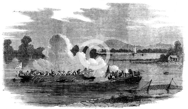 Action between a large Chinese Row-Galley and a small Cutter of H.M.S. "Amethyst"..., 1858. Creator: Unknown.