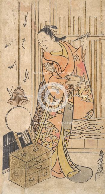 Actor as a Woman Standing by a Mirror Stand, ca. 1735. Creator: Torii Kiyotada.
