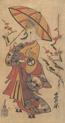 Actor Nakamura Senya as Tokonatsu in the Kabuki Play, "The Legacy of the Three-Comma F..., ca. 1716. Creator: Torii Kiyomasu I