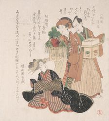 Actor Nakamura Utayemon with Two Women Preparing for the New Year Ceremony, 19th century. Creator: Utagawa Toyokuni I