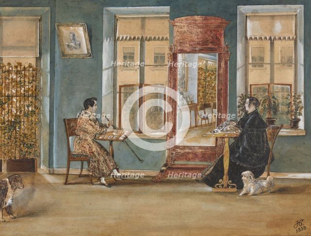 Actor Nikolay Osipovich Dur (1807-1839) with his woman in the living room, 1839. Creator: Hampeln, Carl, von (1794-after 1880).