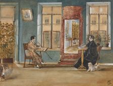 Actor Nikolay Osipovich Dur (1807-1839) with his woman in the living room, 1839. Creator: Hampeln, Carl, von (1794-after 1880)