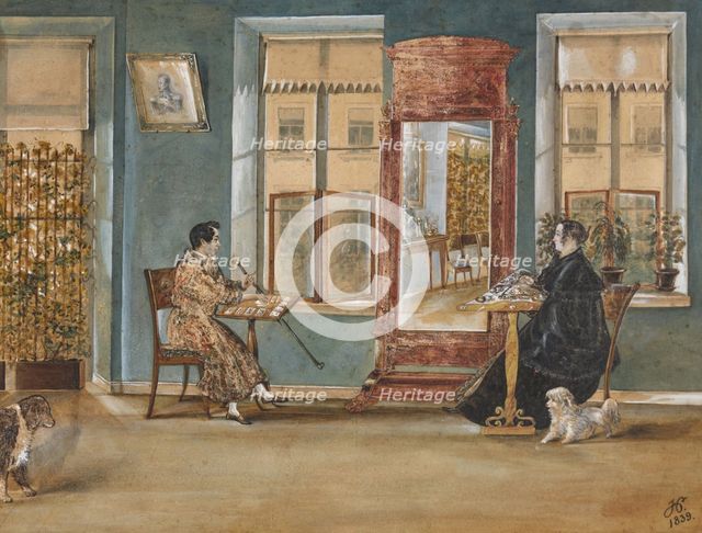 Actor Nikolay Osipovich Dur (1807-1839) with his woman in the living room, 1839. Creator: Hampeln, Carl, von (1794-after 1880).