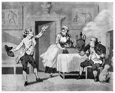 Actor reciting to a manager late 18th century.Artist: Thomas Rowlandson