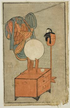 Actor's dressing table, from "A Picture Book of Stage Fans (Ehon butai ogi)", 1770. Creator: Ippitsusai Buncho