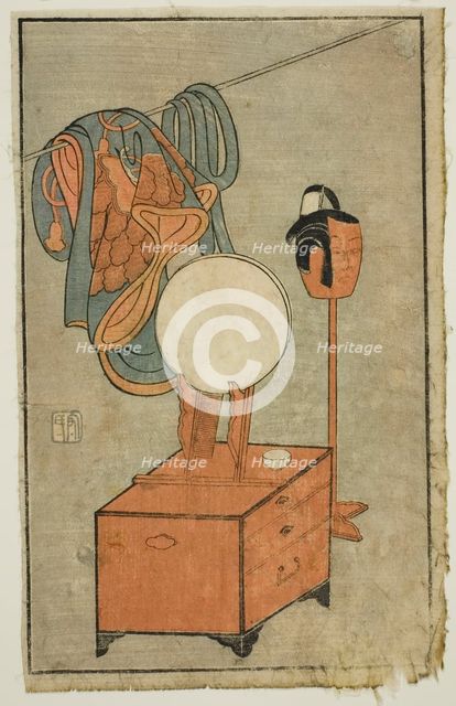 Actor's dressing table, from "A Picture Book of Stage Fans (Ehon butai ogi)", 1770. Creator: Ippitsusai Buncho.