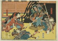 Actors as Fukashichi and Omiwa from the play "Imoseyama," from an untitled series of..., 1852. Creator: Utagawa Kunisada