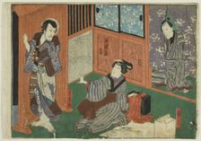 Actors as Genroku, Otsuma, and Shokuro, from an untitled series of half-block..., c. 1851/52. Creator: Utagawa Kunisada