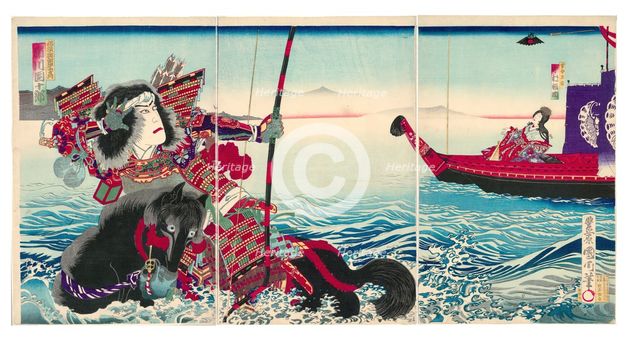 Actors Ichikawa Danjuro IX as Nasu no Yoichi Munetaka and Nakamura Fukusuke IV as Tamamushi..., 1885 Creator: Toyohara Kunichika.
