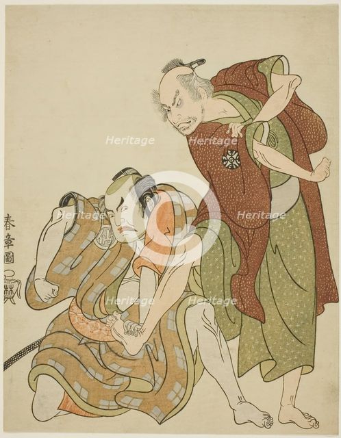 Actors playing the roles of Giheiji and his son-in-law, Danshichi Kurobei, Japan, c. 1768. Creator: Shunsho.