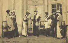 Actors, some in drag, performing at a prisoner of war camp in Belgium, (between 1910 and 1919?). Creator: Unknown