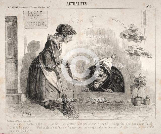 Actualités: Venez! ...sortez dla! ... cest fini! on nentend plus parler que de paix!.... Creator: Clémente Pruche (French, 1831-1870).