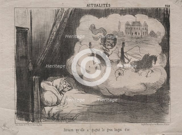 Actualities (No. 238): Dreaming that she had won many bars of gold, 1851. Creator: Honoré Daumier (French, 1808-1879).